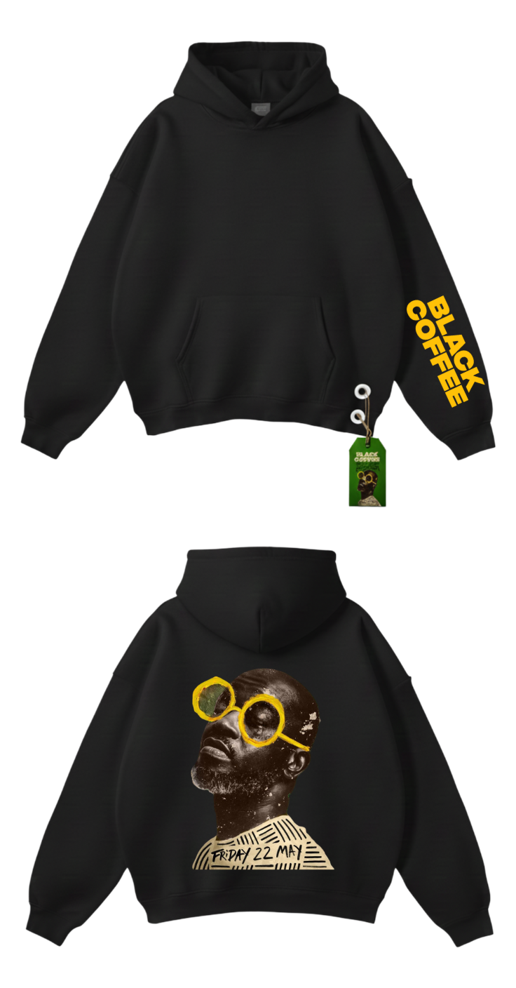 Black Coffee black hoodie with yellow sleeve branding and portrait graphic
