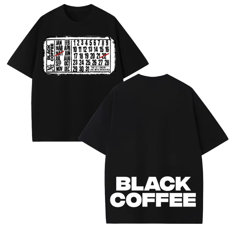 Black Coffee black T-shirt concept with front and back views