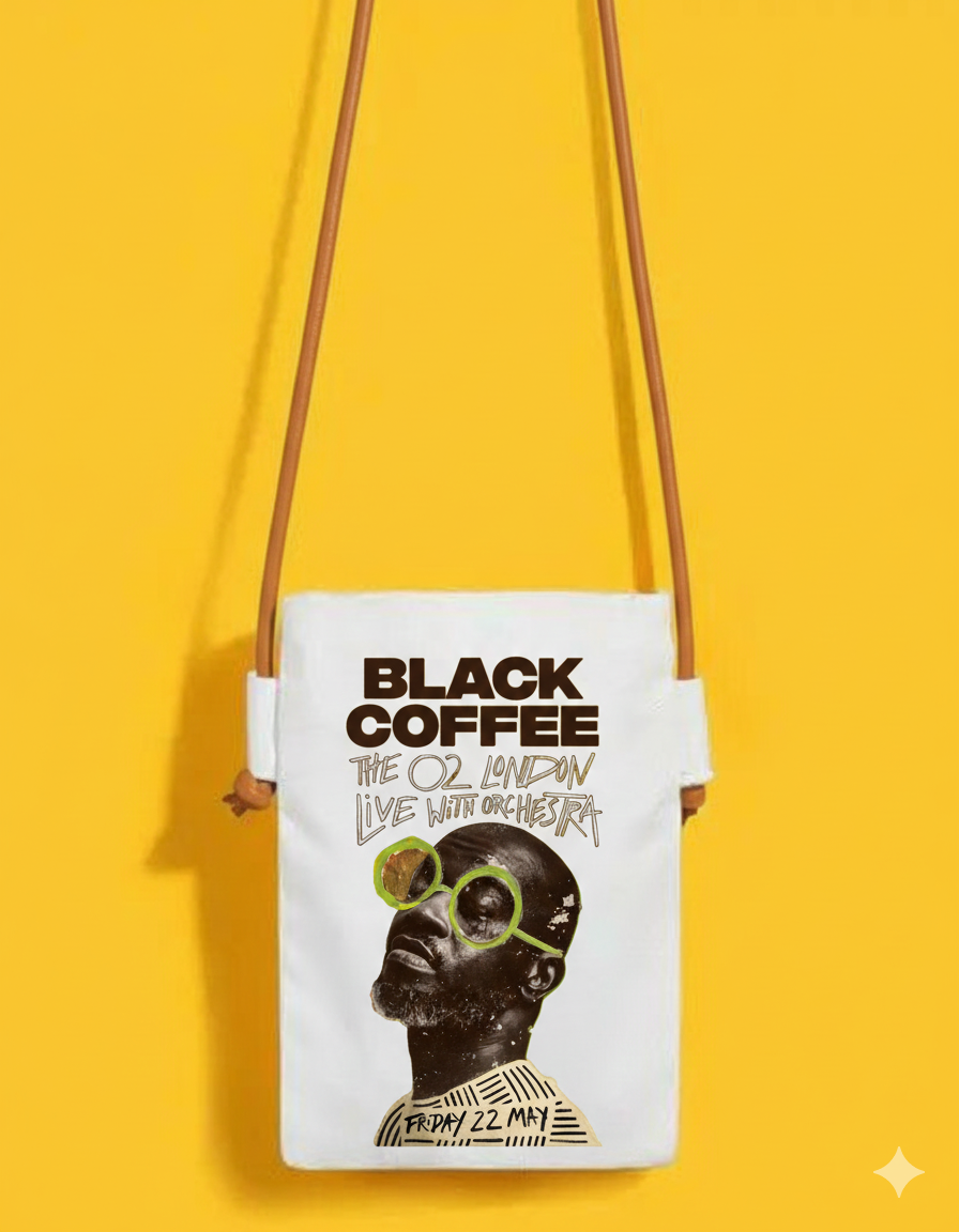 Black Coffee crossbody bag concept on a yellow background