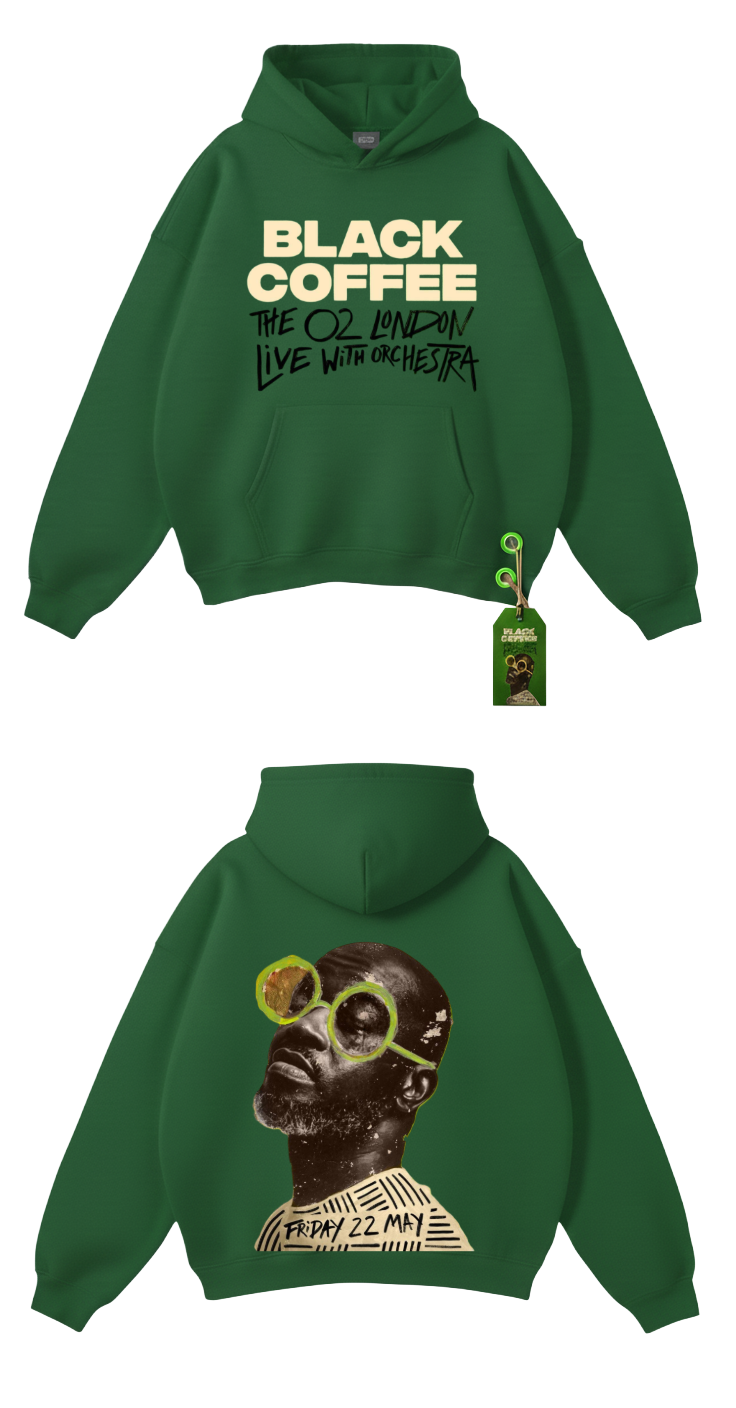 Green Black Coffee hoodie with illustrated back graphic