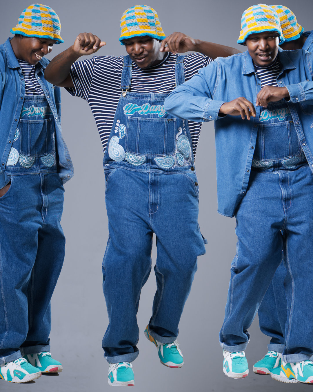 Lee Custom Series multiple-pose denim overalls editorial