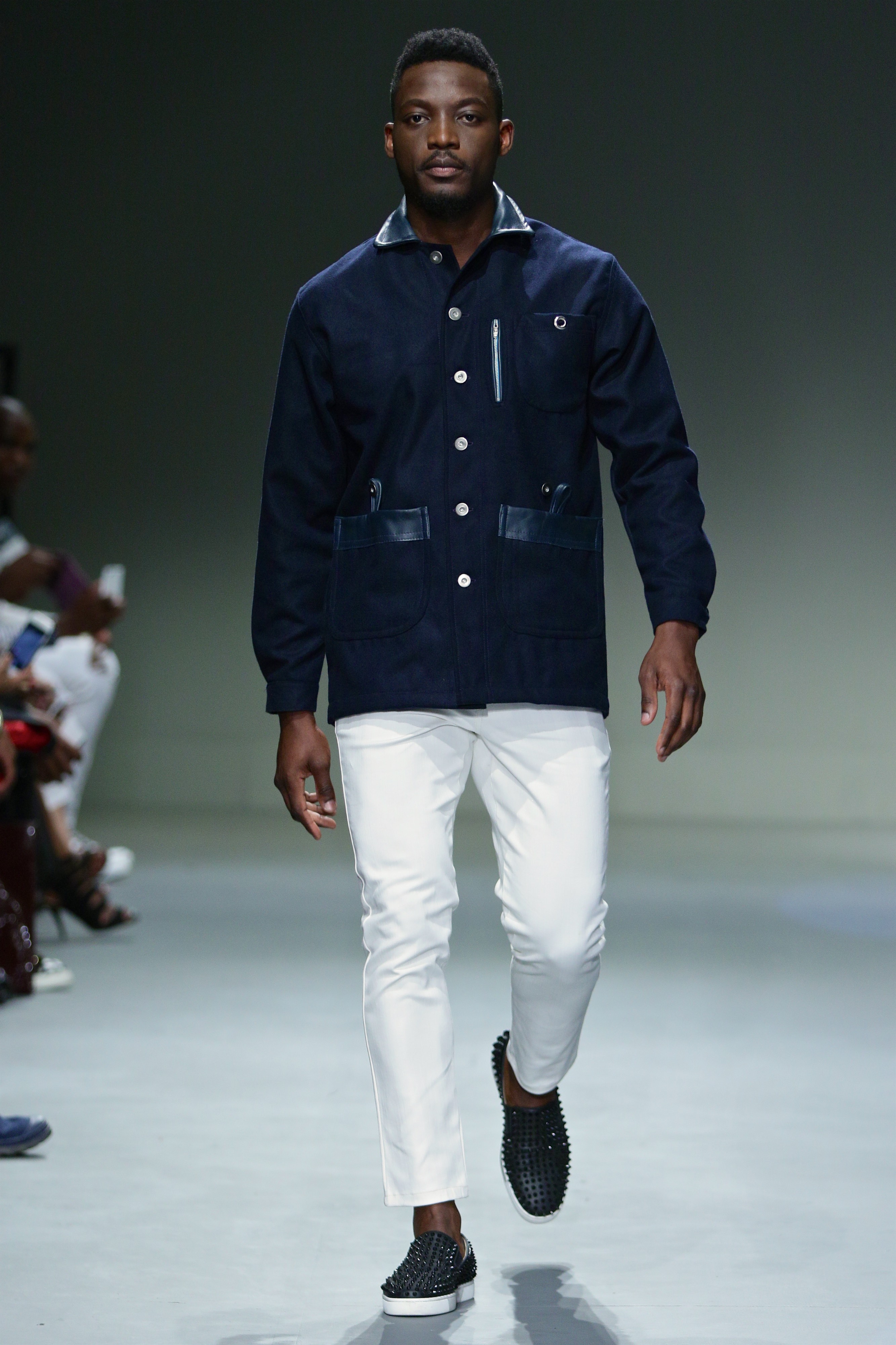 SA Fashion Week runway navy jacket and white trouser look