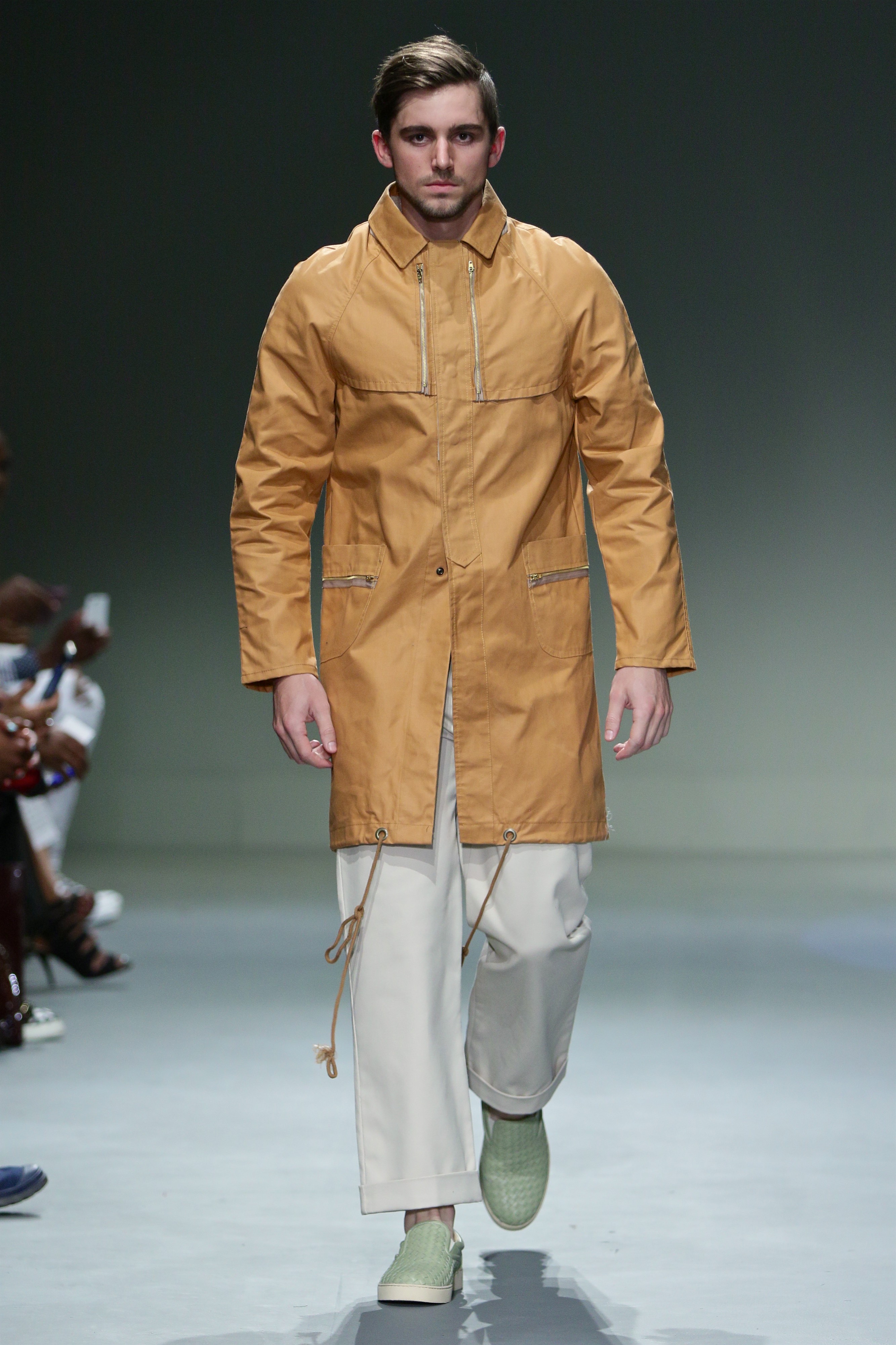 SA Fashion Week runway tan coat front look