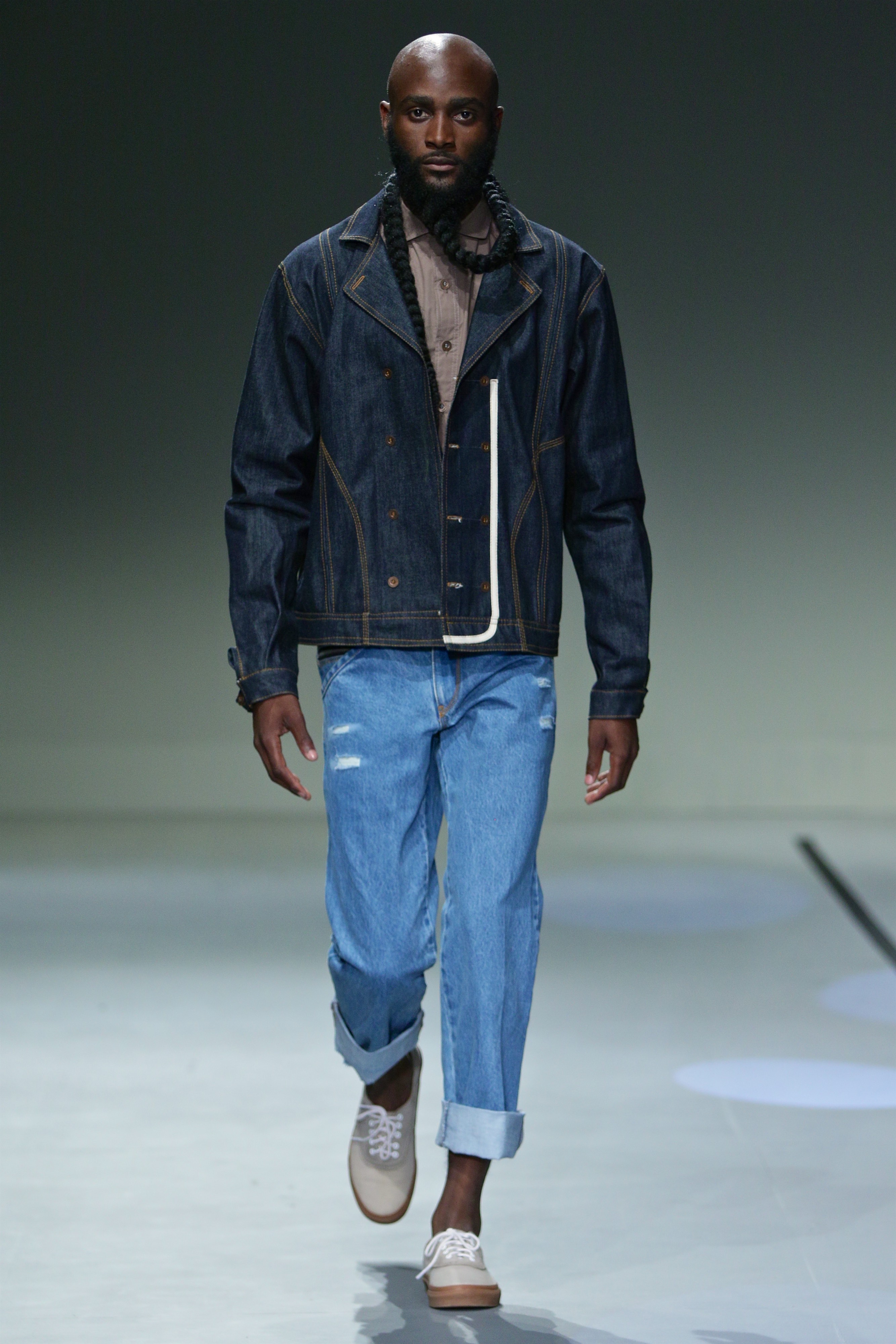 SA Fashion Week runway denim jacket and light jeans look